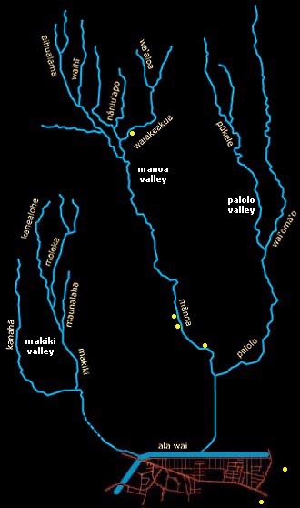 Map that shows Mānoa, Palolo, and Makiki streams.